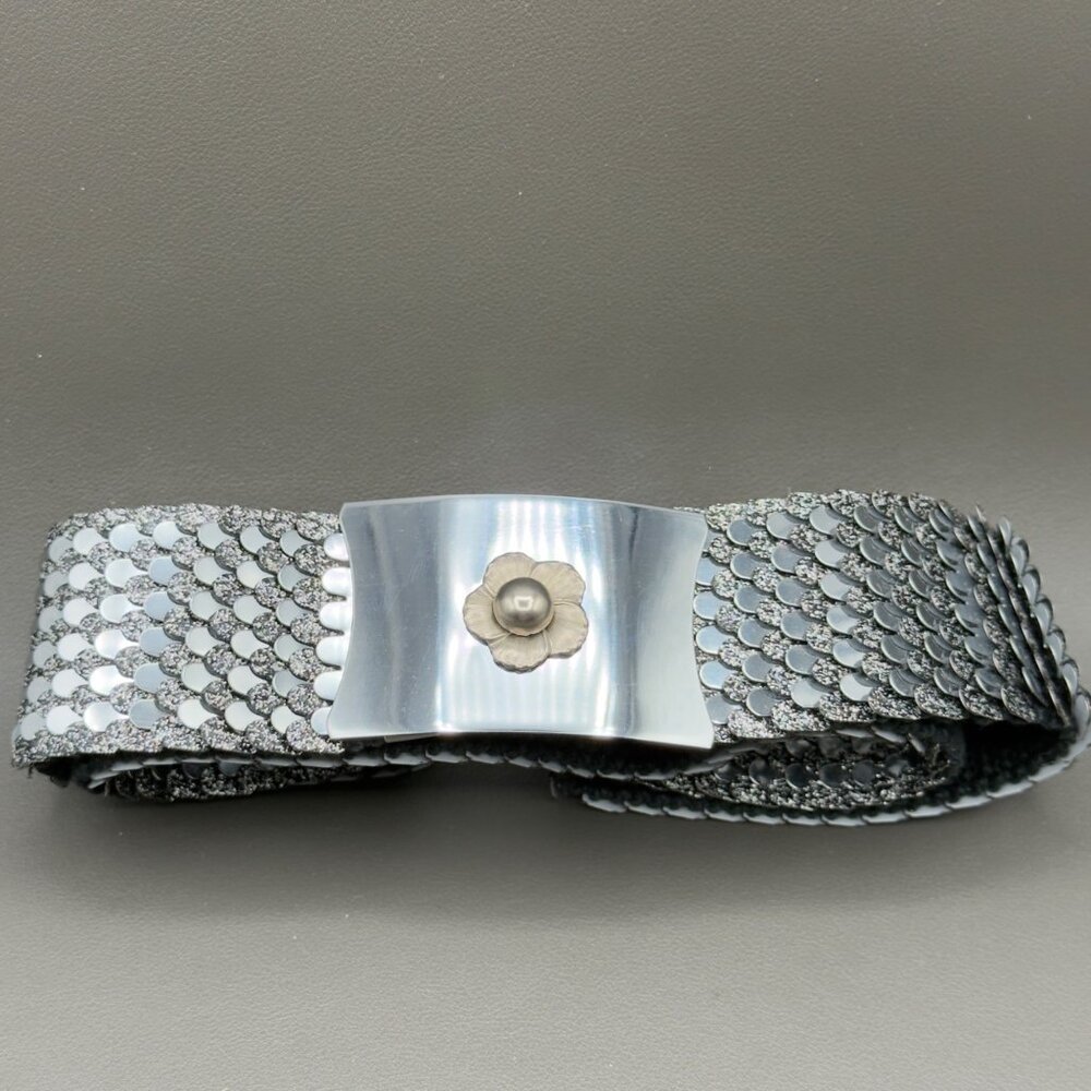 Vintage Women's Belt Small Medium Silver Fish Scale Metal Stretch Floral Buckle - Picture 15 of 15